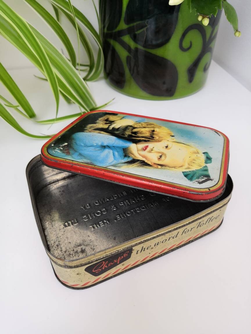 Vintage 1950s Sharp's toffee tin with girl and puppy