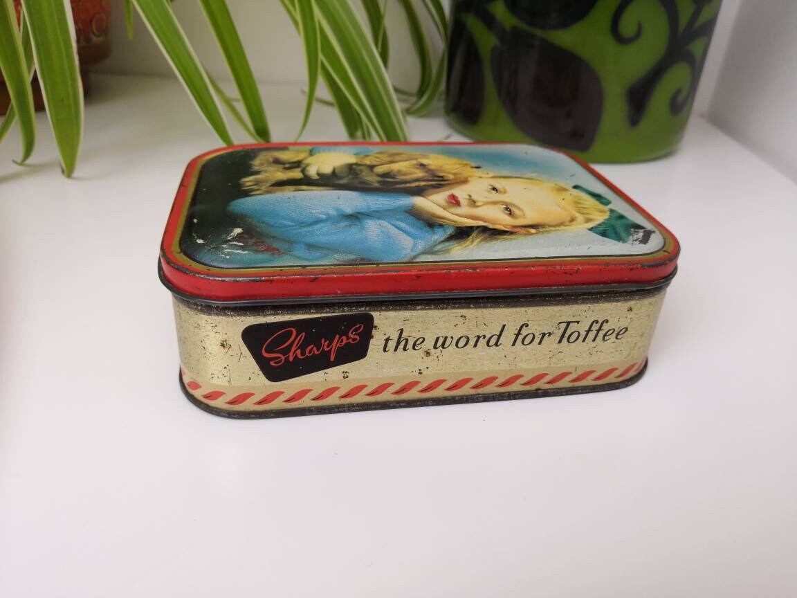 Vintage 1950s Sharp's toffee tin with girl and puppy