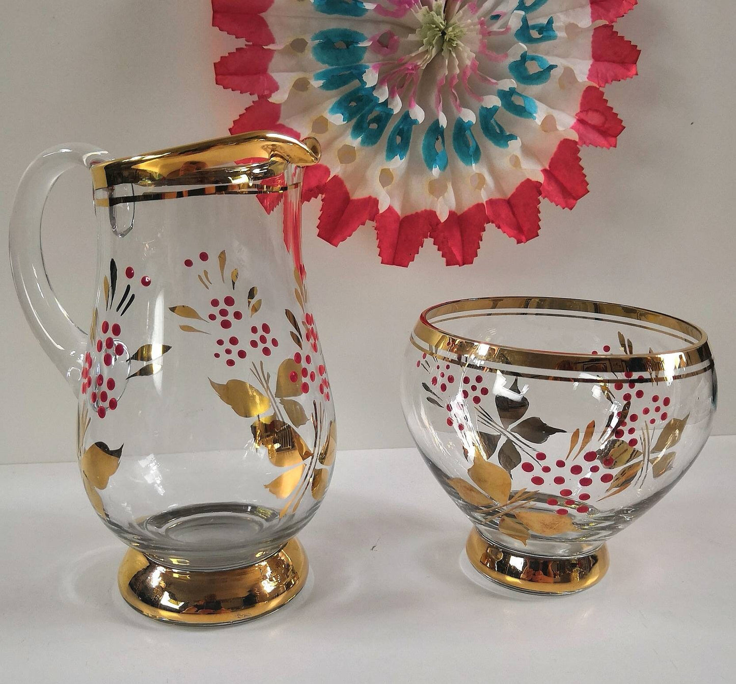 Vintage Romanian Painted Glass Milk Jug and Sugar Bowl