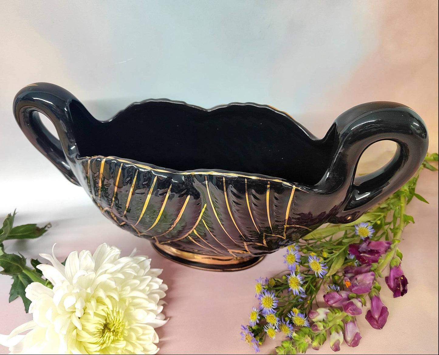 Black and Gold Vintage Swan Mantle Vase