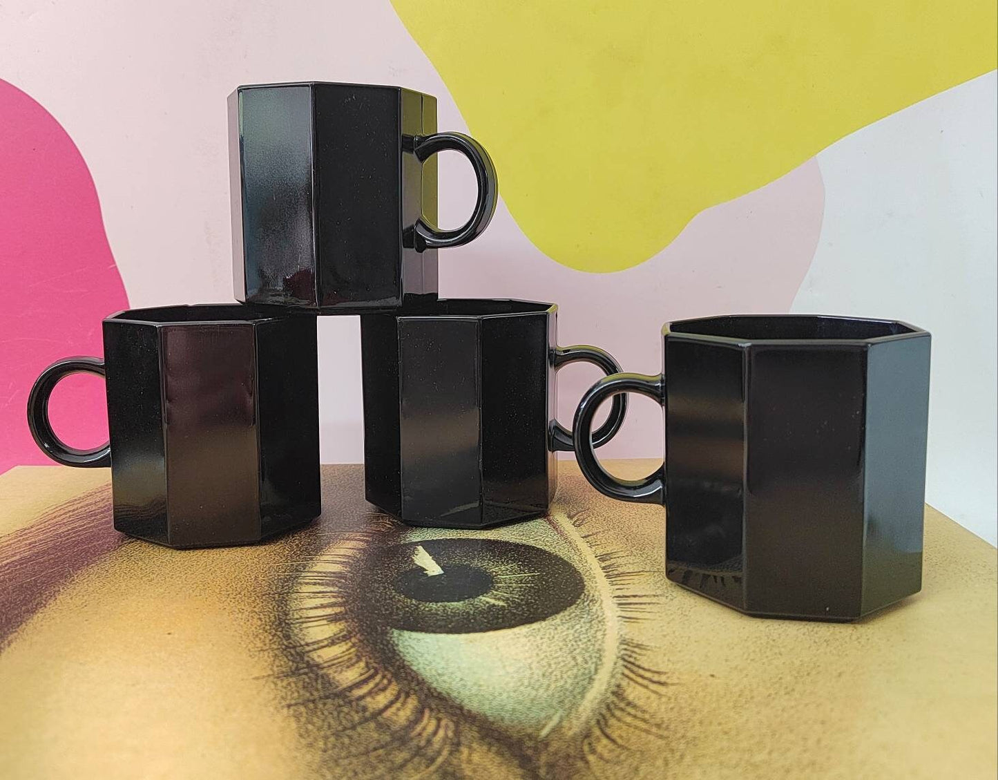 Set of 4 Octagonal Vintage French Black Glass Mugs