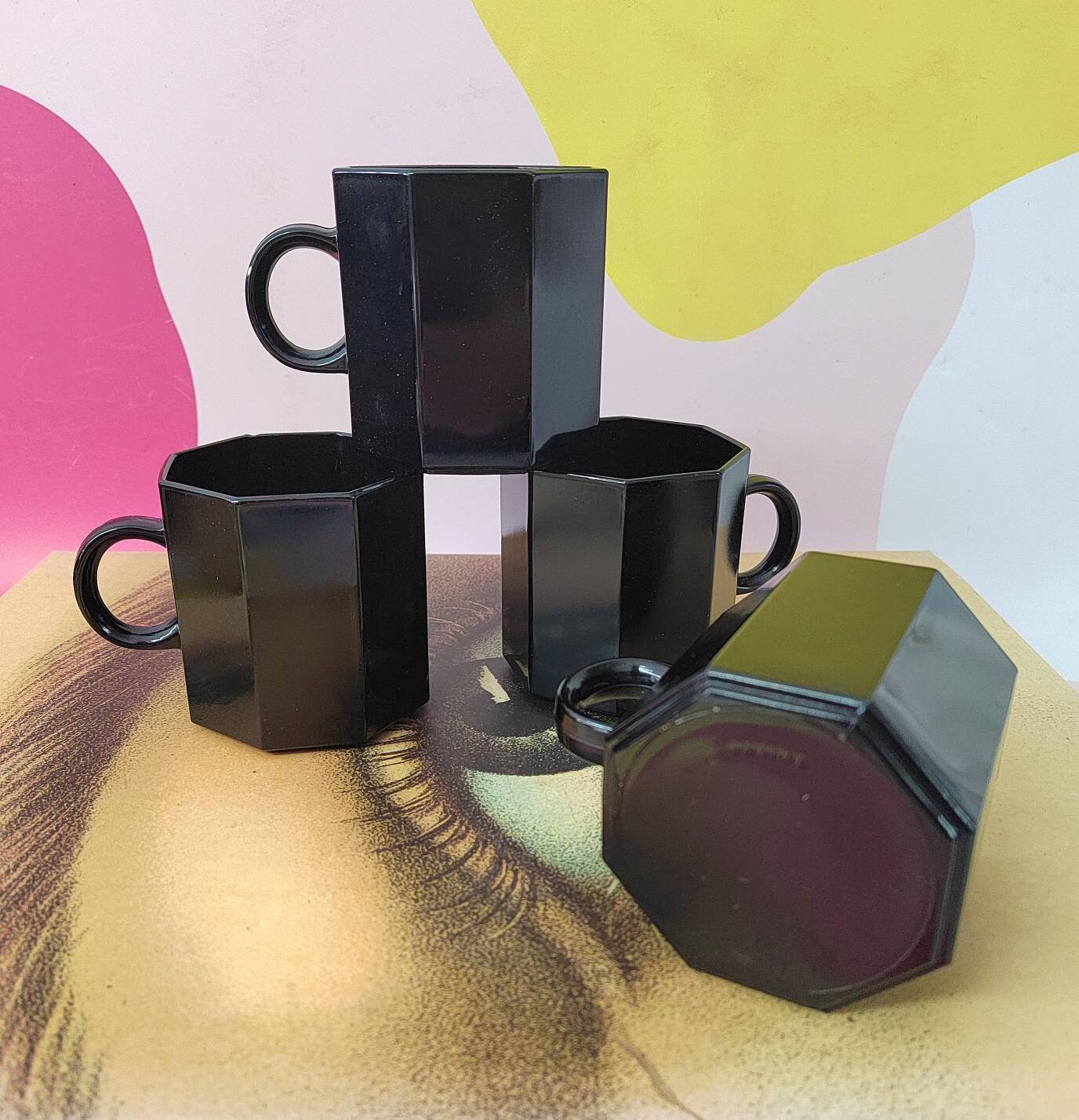 Set of 4 Octagonal Vintage French Black Glass Mugs