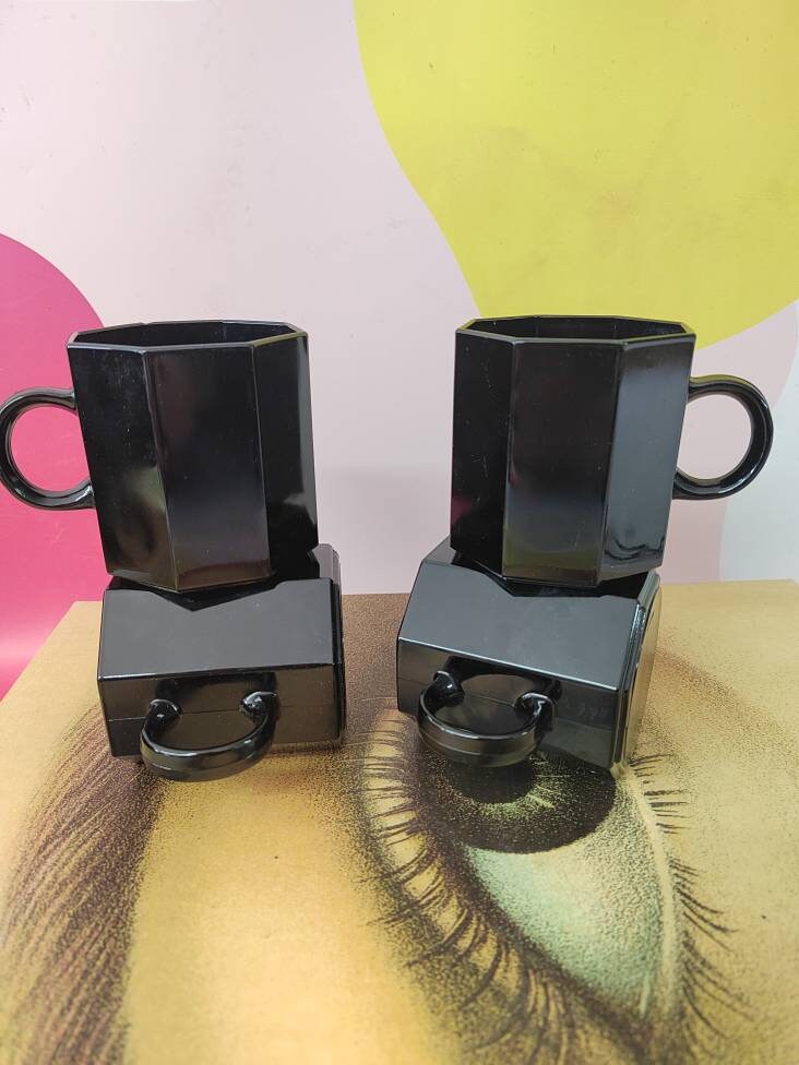 Set of 4 Octagonal Vintage French Black Glass Mugs