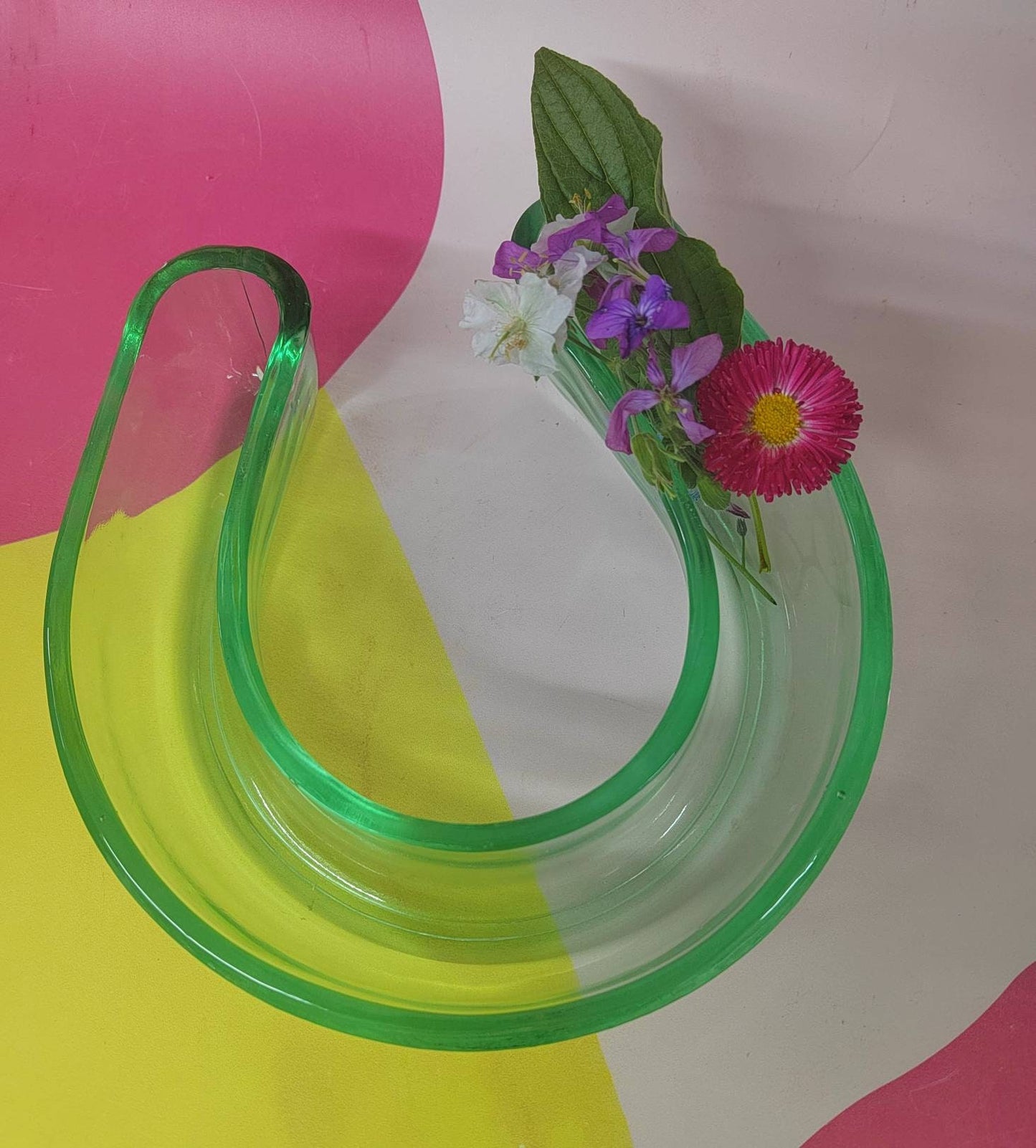 Vintage Green Glass Horse shoe Shape Posey Ring/ Vase