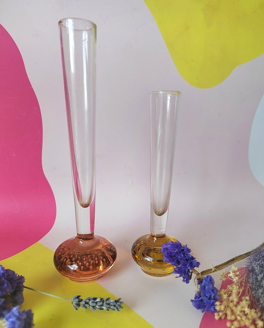 Pair of Vintage Bubble Bud Vases, with Amber Base and one with Pink Base