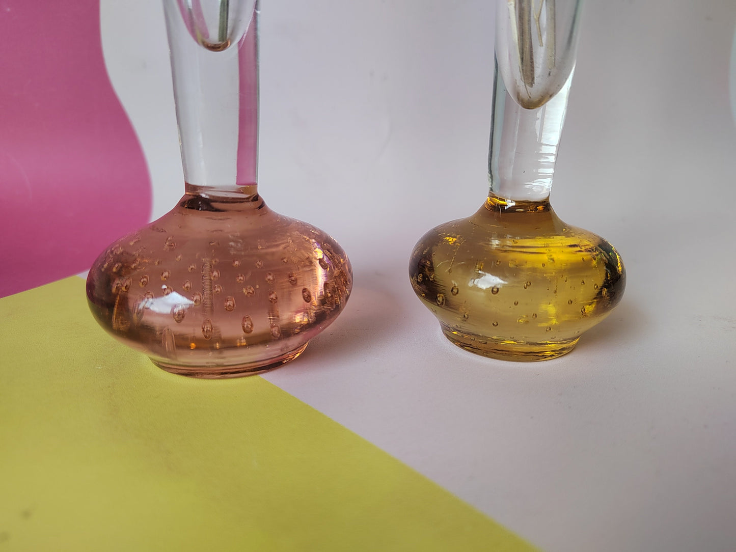 Pair of Vintage Bubble Bud Vases, with Amber Base and one with Pink Base