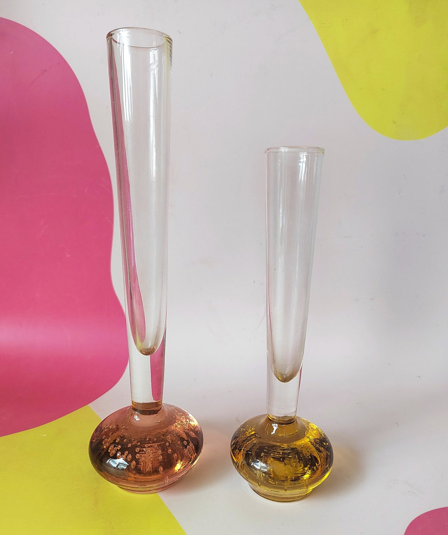 Pair of Vintage Bubble Bud Vases, with Amber Base and one with Pink Base