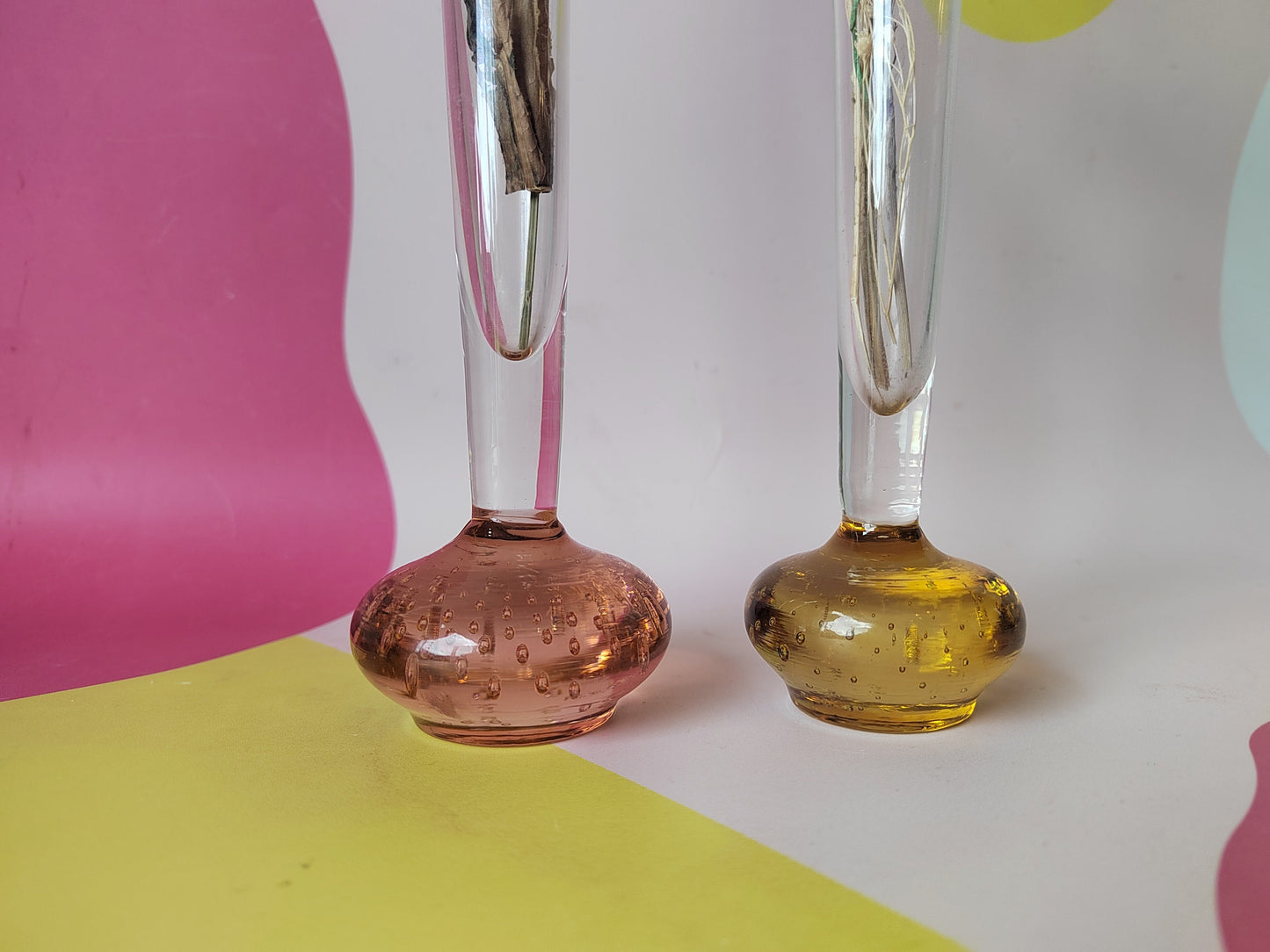 Pair of Vintage Bubble Bud Vases, with Amber Base and one with Pink Base