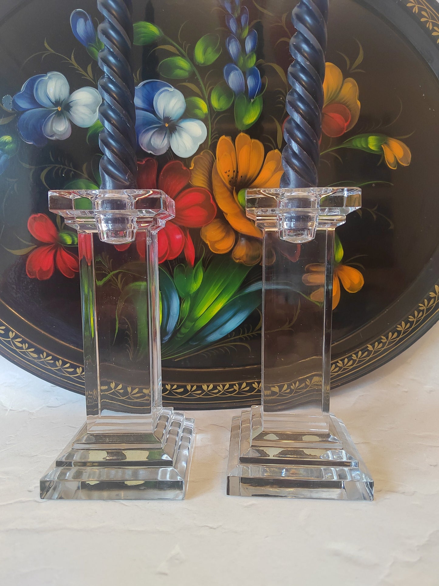 Vintage Czechoslovakian Bohemian Glass Heavy Pillar Crystal Candle Holders