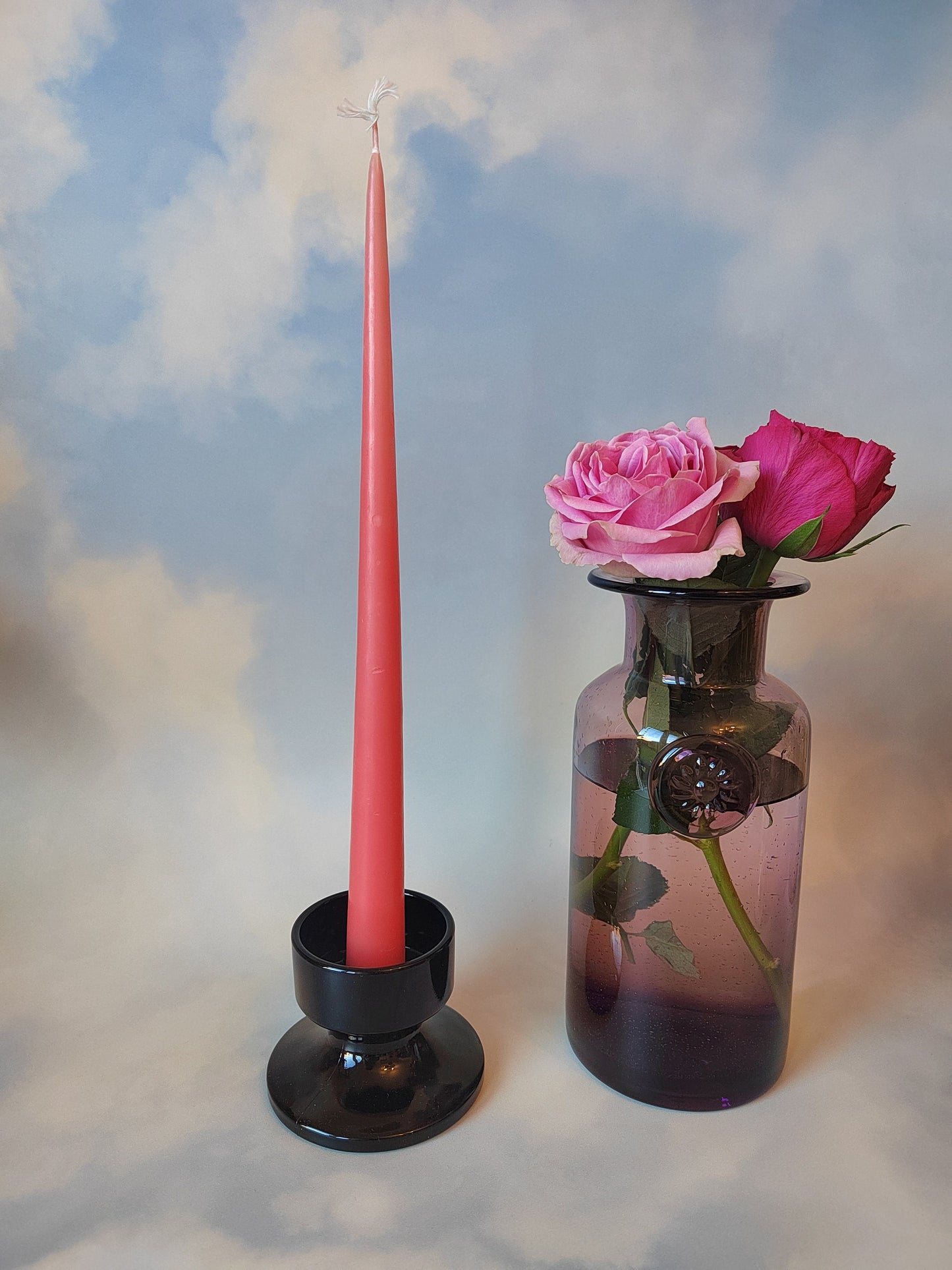 Vintage Mid Century Black Glass Candlestick Holder