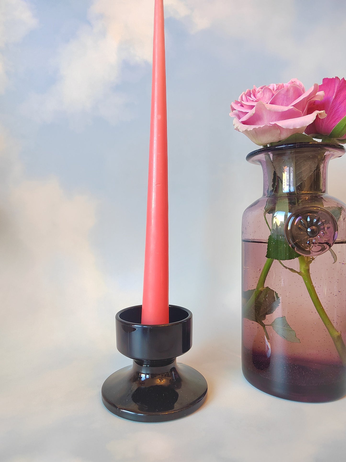Vintage Mid Century Black Glass Candlestick Holder