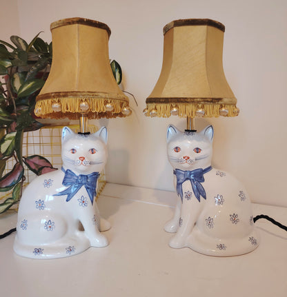 Pair of Vintage Upcycled Floral Cat Lamps