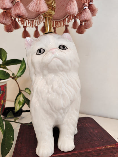 Vintage Reworked White Fluffy Cat Lamp