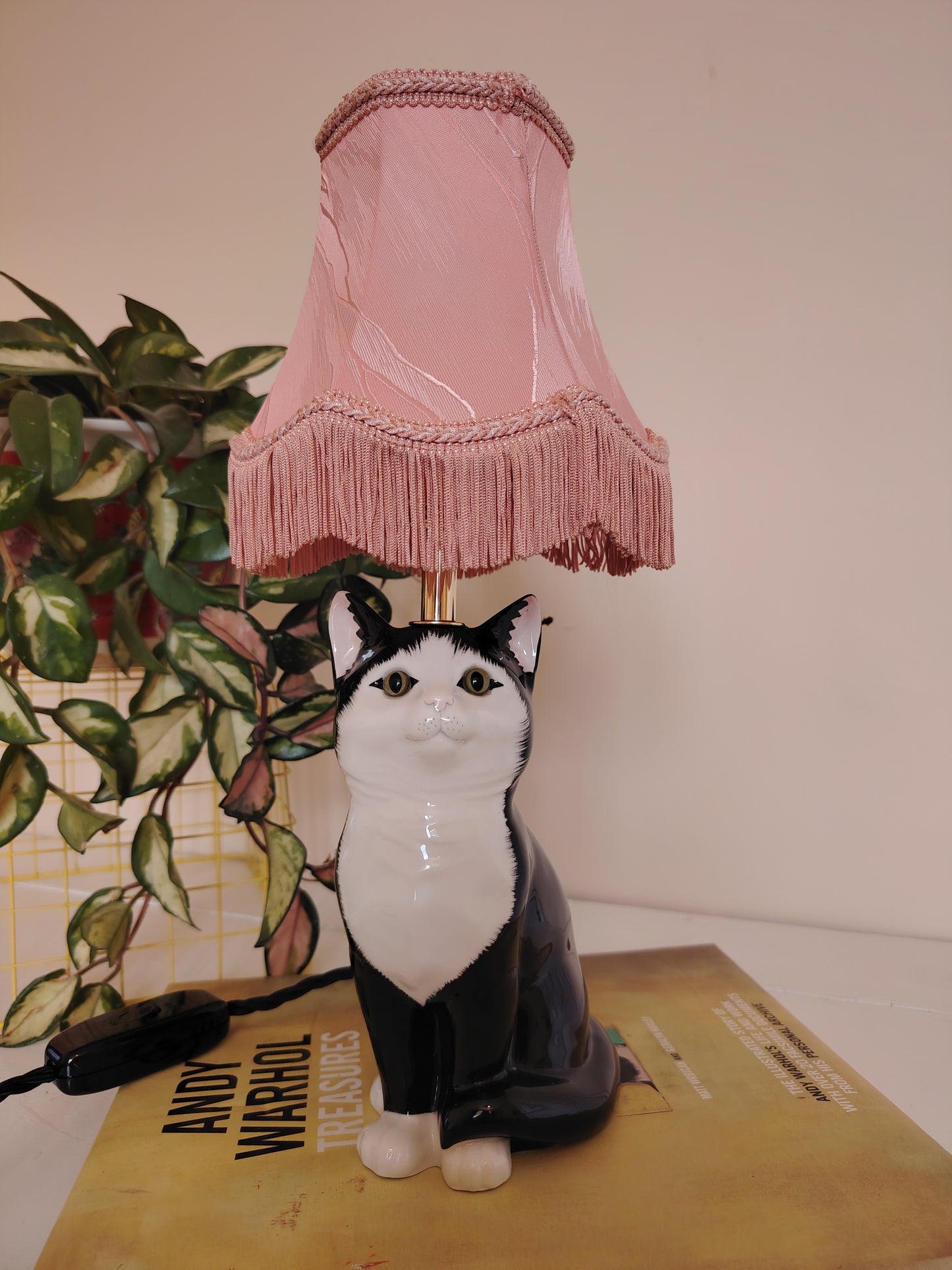 Vintage Upcycled Small Black and White Cat Lamp