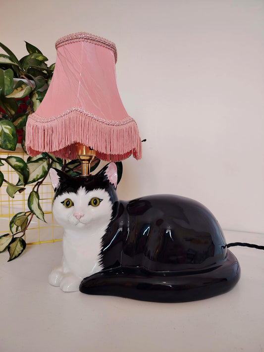 Large Black and White "Just Cats" Upcycled Cat Lamp
