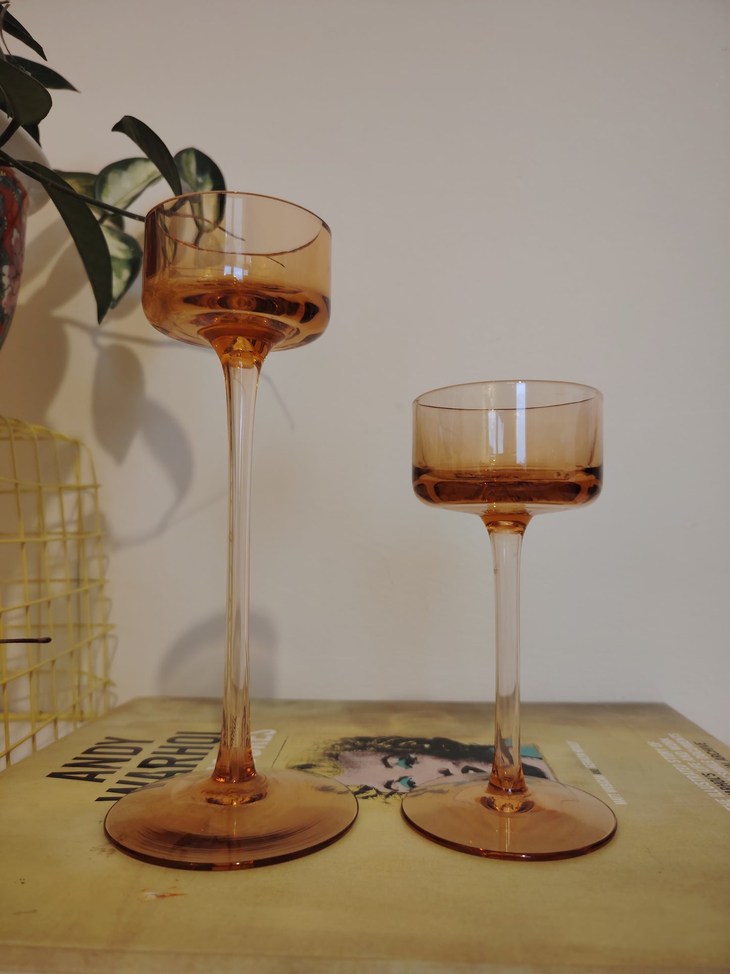 Pair of Vintage Amber Glass Wedgwood Brancaster Candle Holders