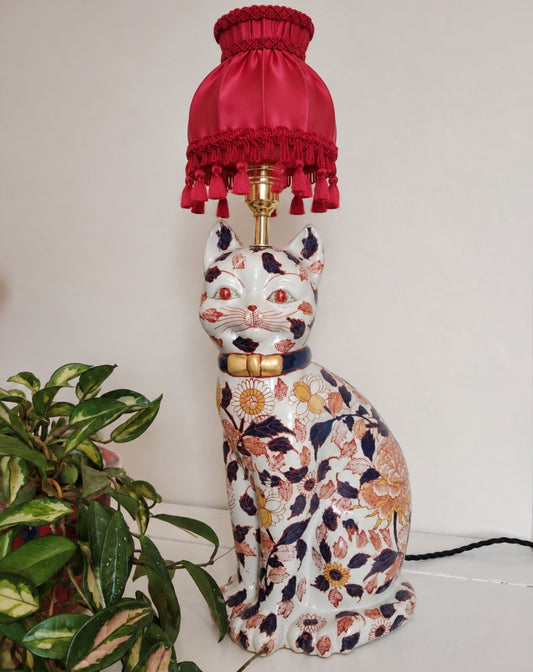 Reworked Antique Floral Imari Cat Lamp