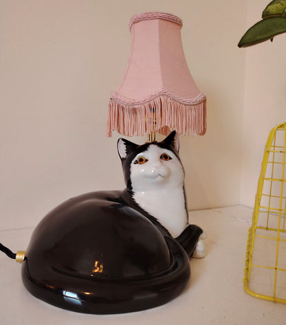 Large Vintage Upcycled Lying Down Tuxedo Cat Lamp