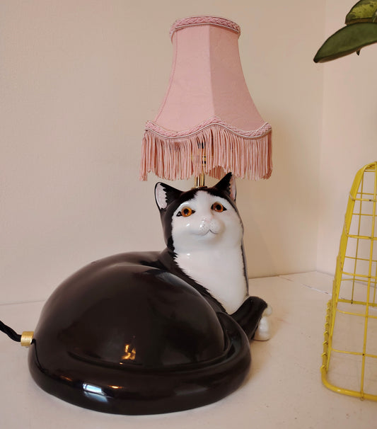 Large Vintage Upcycled Lying Down Tuxedo Cat Lamp