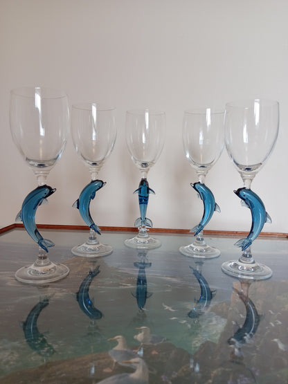 Set of 5 vintage wine glasses with dolphin stems