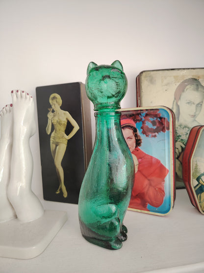 Mid Century Small Green Glass Cat Shaped Empoli Bottle