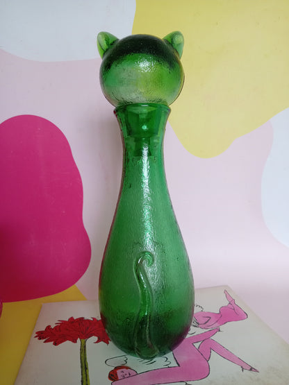 Mid Century Green Glass Cat Shaped Empoli Bottle Decanter