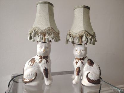 Pair of Vintage Mantle Cat upcycled lamps