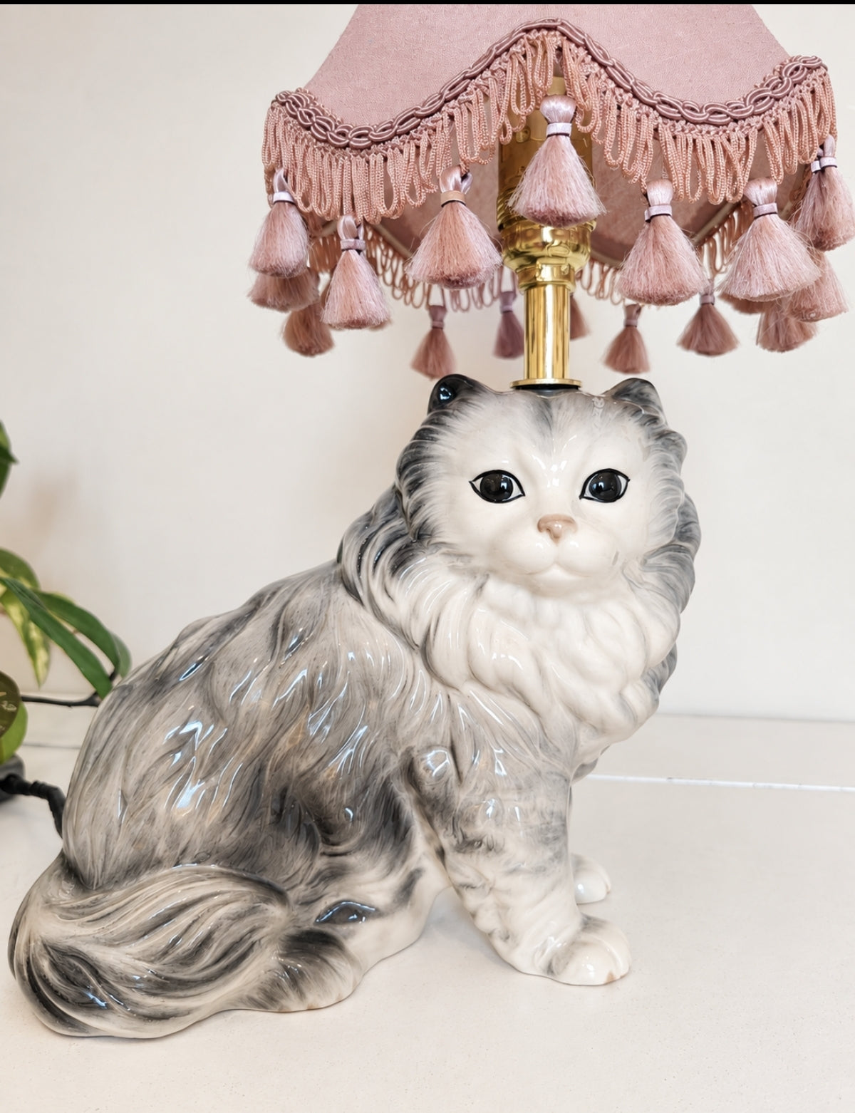 Vintage Reworked Grey Fluffy Cat Lamp