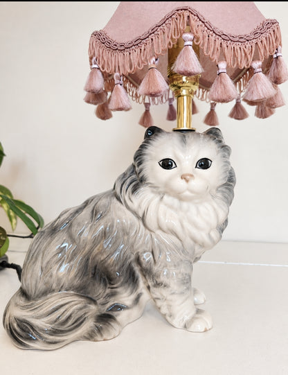 Vintage Reworked Grey Fluffy Cat Lamp