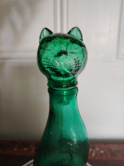 Mid Century Small Green Glass Cat Shaped Empoli Bottle