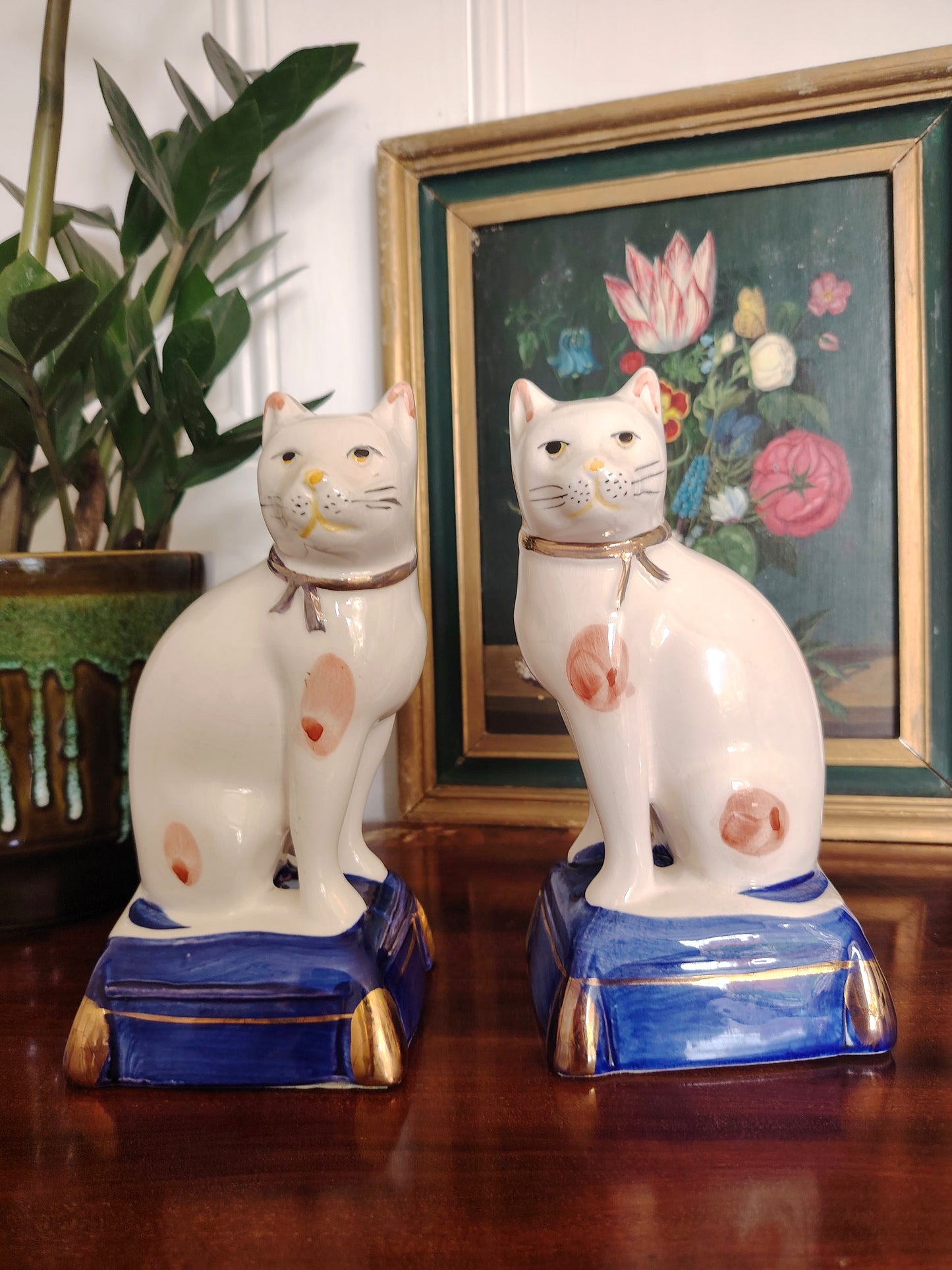 Large Pair of Staffordshire Style Porcelain Cats on a Pillow/ Mantle Decor