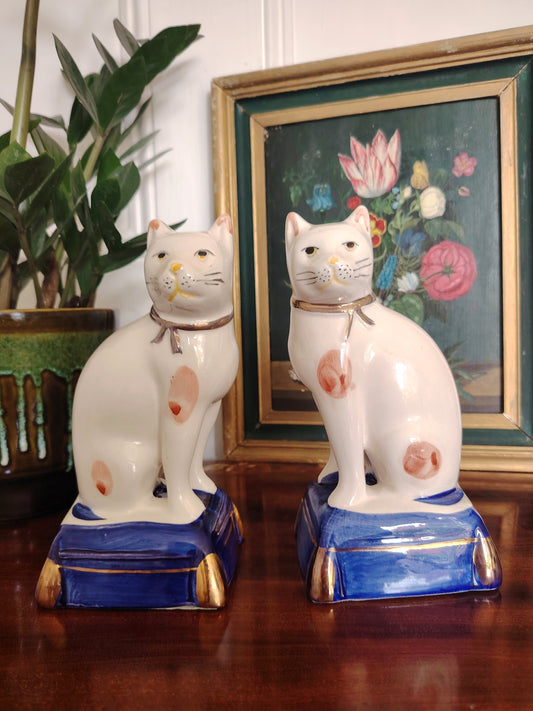 Large Pair of Staffordshire Style Porcelain Cats on a Pillow/ Mantle Decor