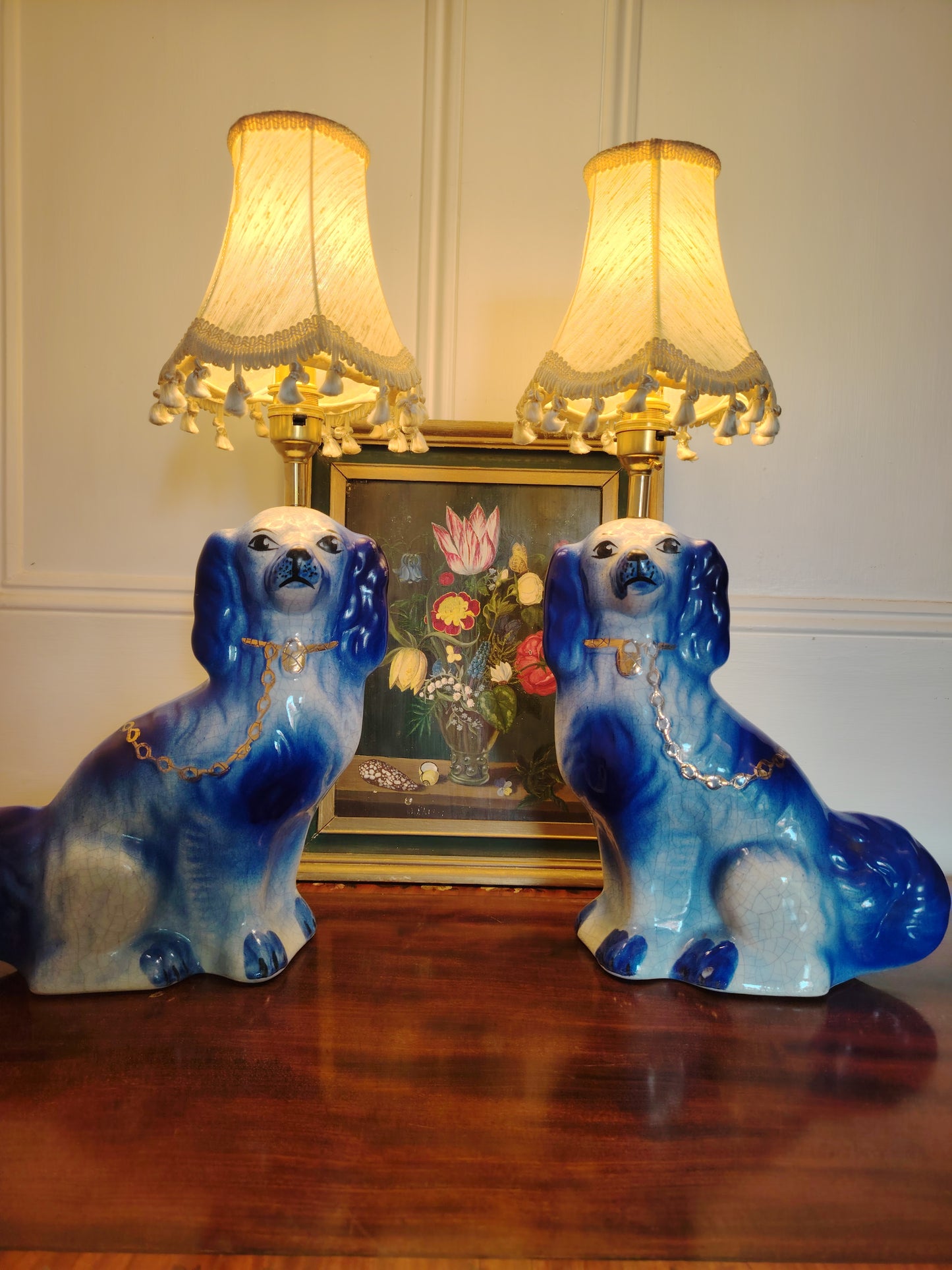 Large Pair of Reworked Staffordshire Style Blue and Gold Pot Dog Lamps