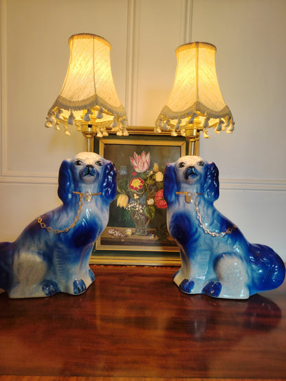 Large Pair of Reworked Staffordshire Style Blue and Gold Pot Dog Lamps