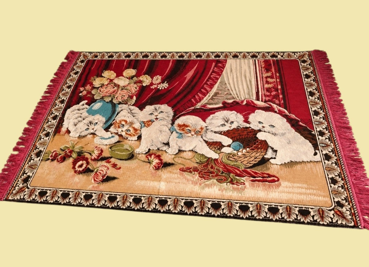 Large Vintage Velvet Kittens Rug/ Tapestry
