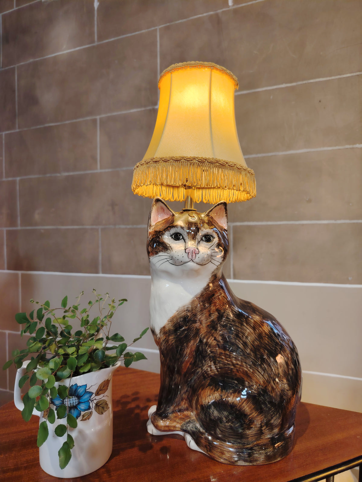 Large Vintage Reworked Hand Painted  Cat Lamp