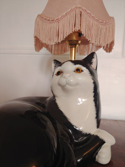 Large Vintage Reworked Lying Down Tuxedo Cat Lamp