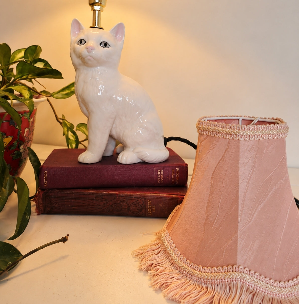 Vintage Reworked White Kitten Lamp