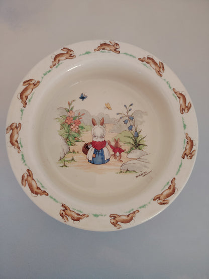 Royal Doulton Bunnykins baby bowl, vintage “Going Shopping”, signed Barbara Vernon