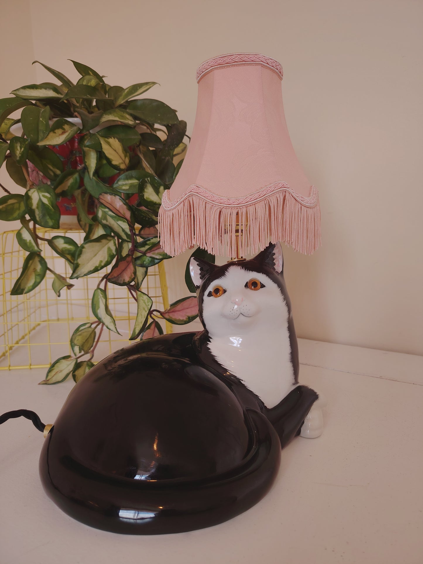 Large Vintage Upcycled Lying Down Tuxedo Cat Lamp