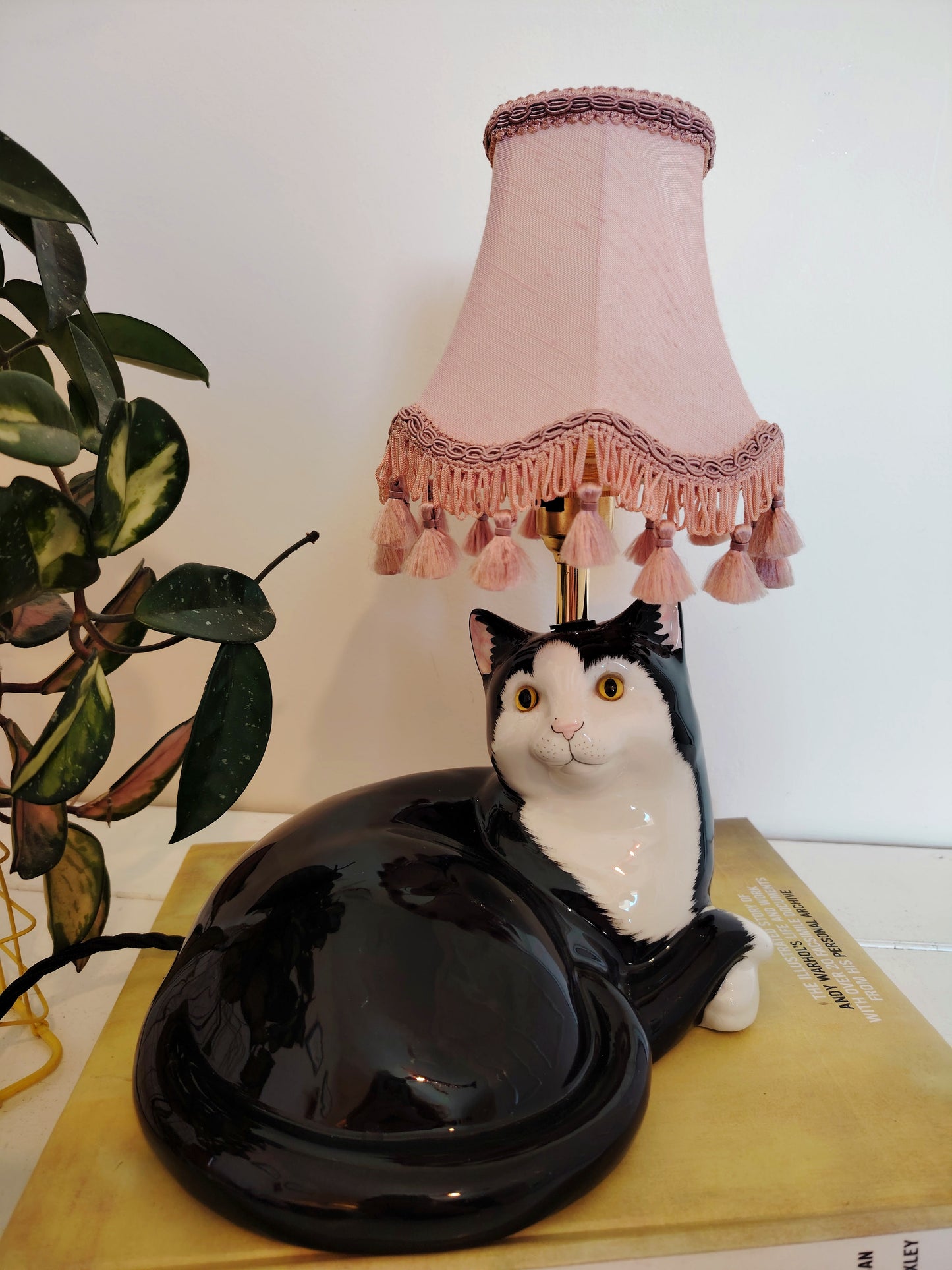 Large Vintage Upcycled Lying Down Tuxedo Cat Lamp