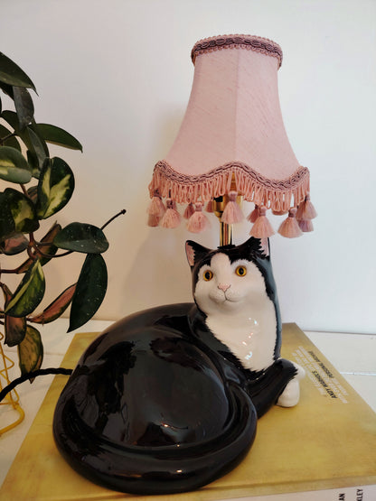 Large Vintage Upcycled Lying Down Tuxedo Cat Lamp