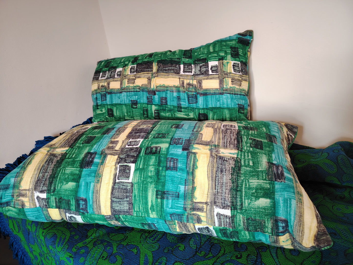 Pair of Large Vintage Bark cloth Bolster Cushions