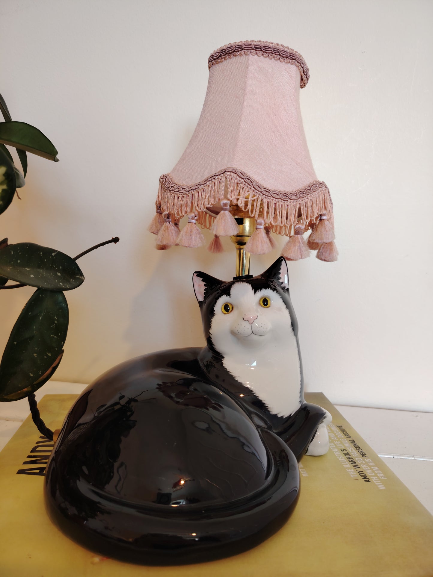 Large Vintage Upcycled Lying Down Tuxedo Cat Lamp