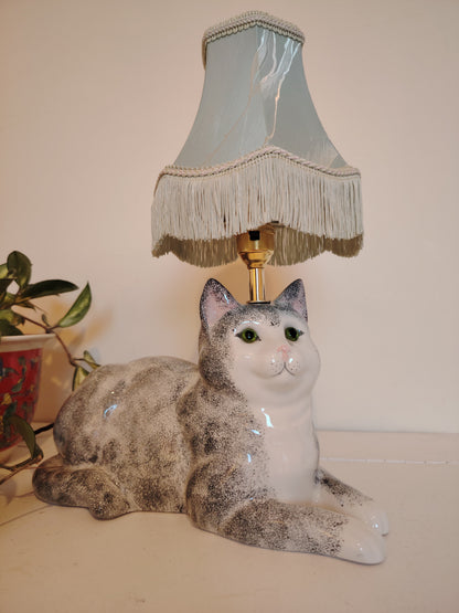 Vintage Reworked Grey and White Cat Lamp