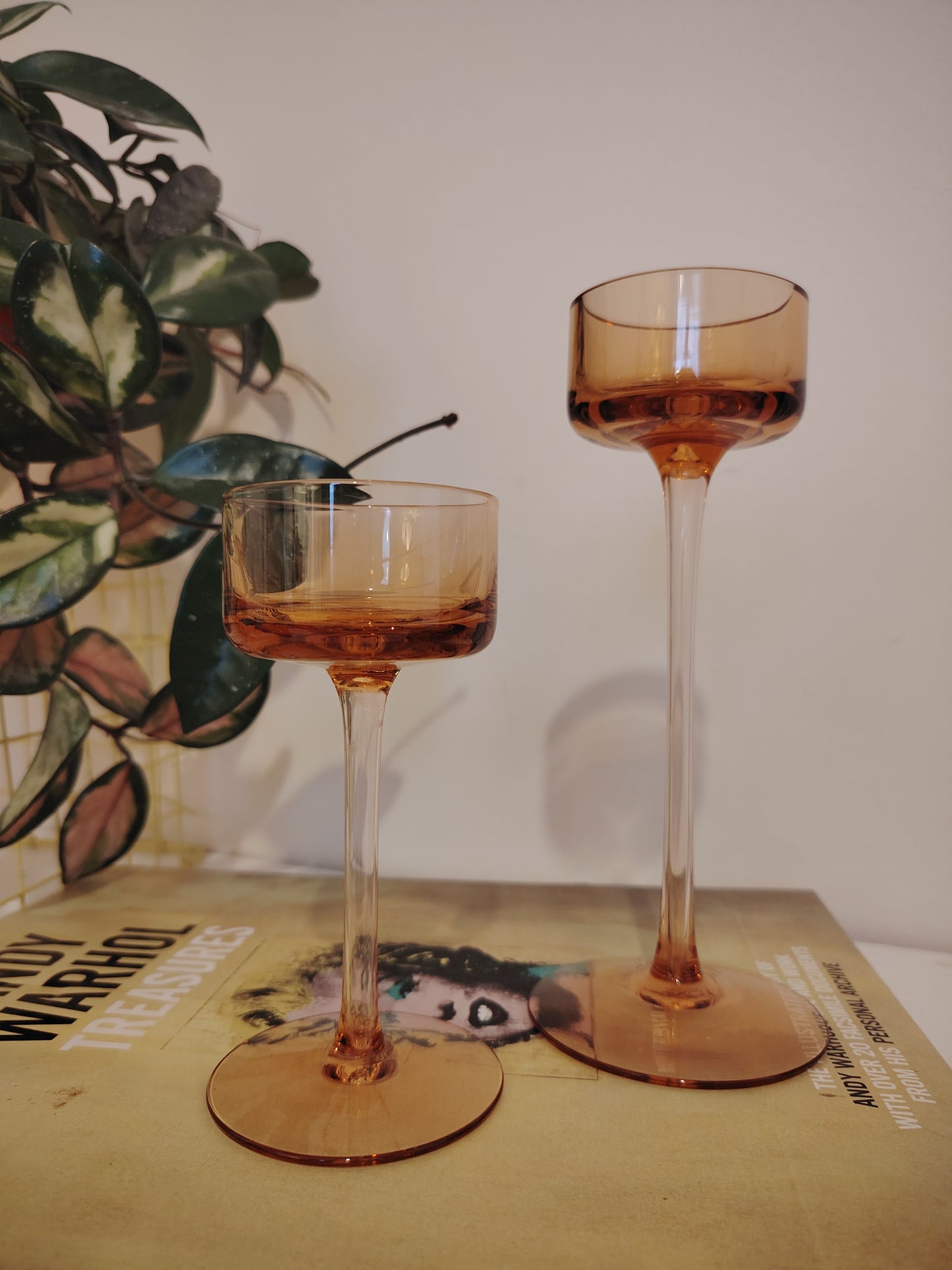 Pair of Vintage Amber Glass Wedgwood Brancaster Candle Holders