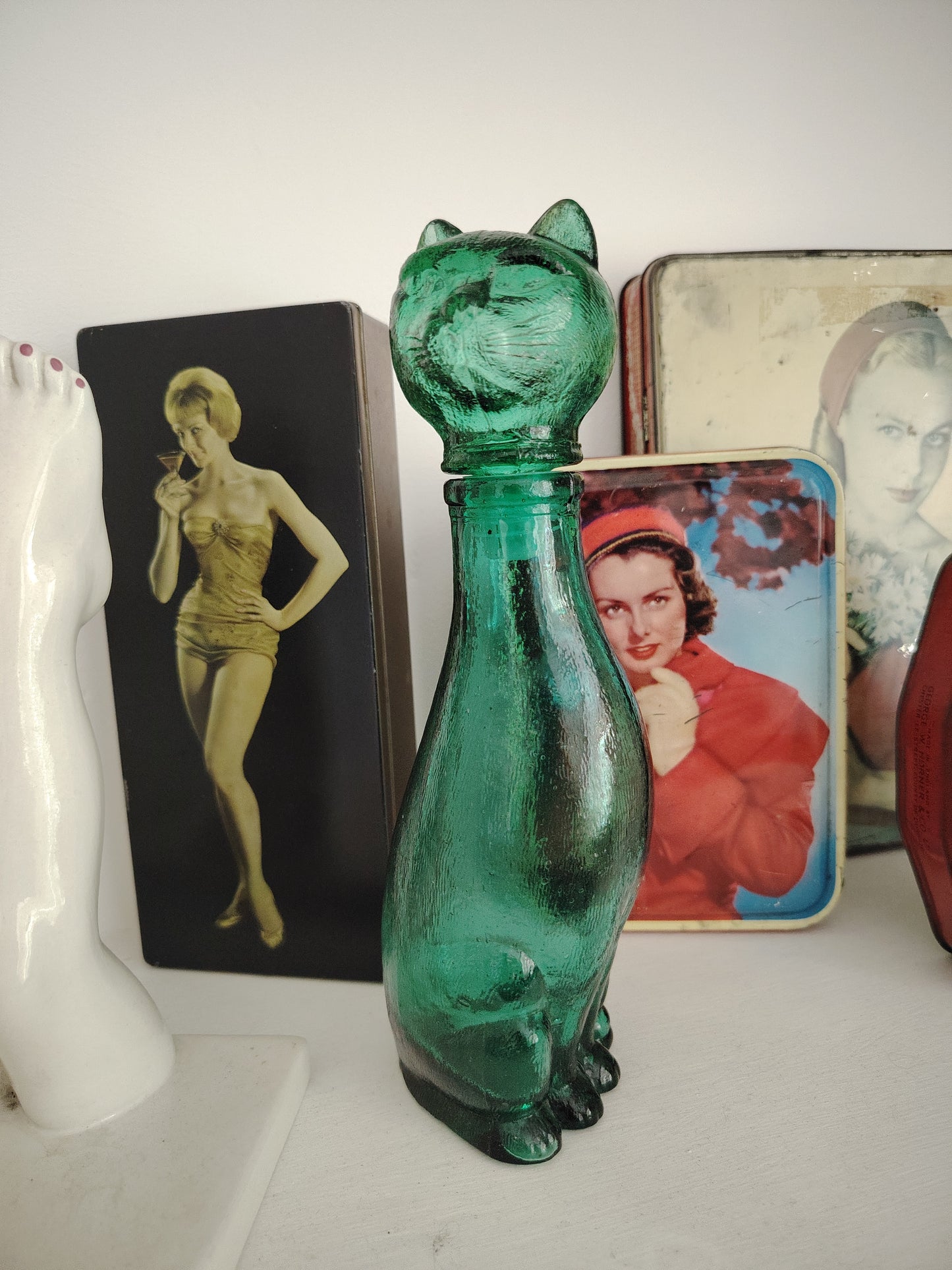 Mid Century Small Green Glass Cat Shaped Empoli Bottle