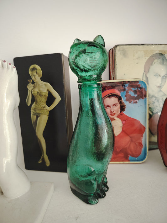 Mid Century Small Green Glass Cat Shaped Empoli Bottle