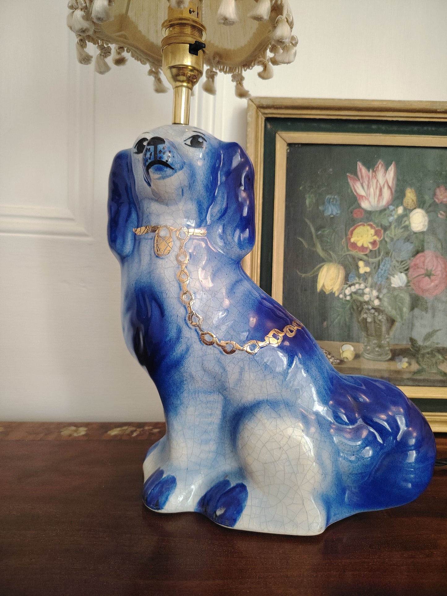 Large Pair of Reworked Staffordshire Style Blue and Gold Pot Dog Lamps