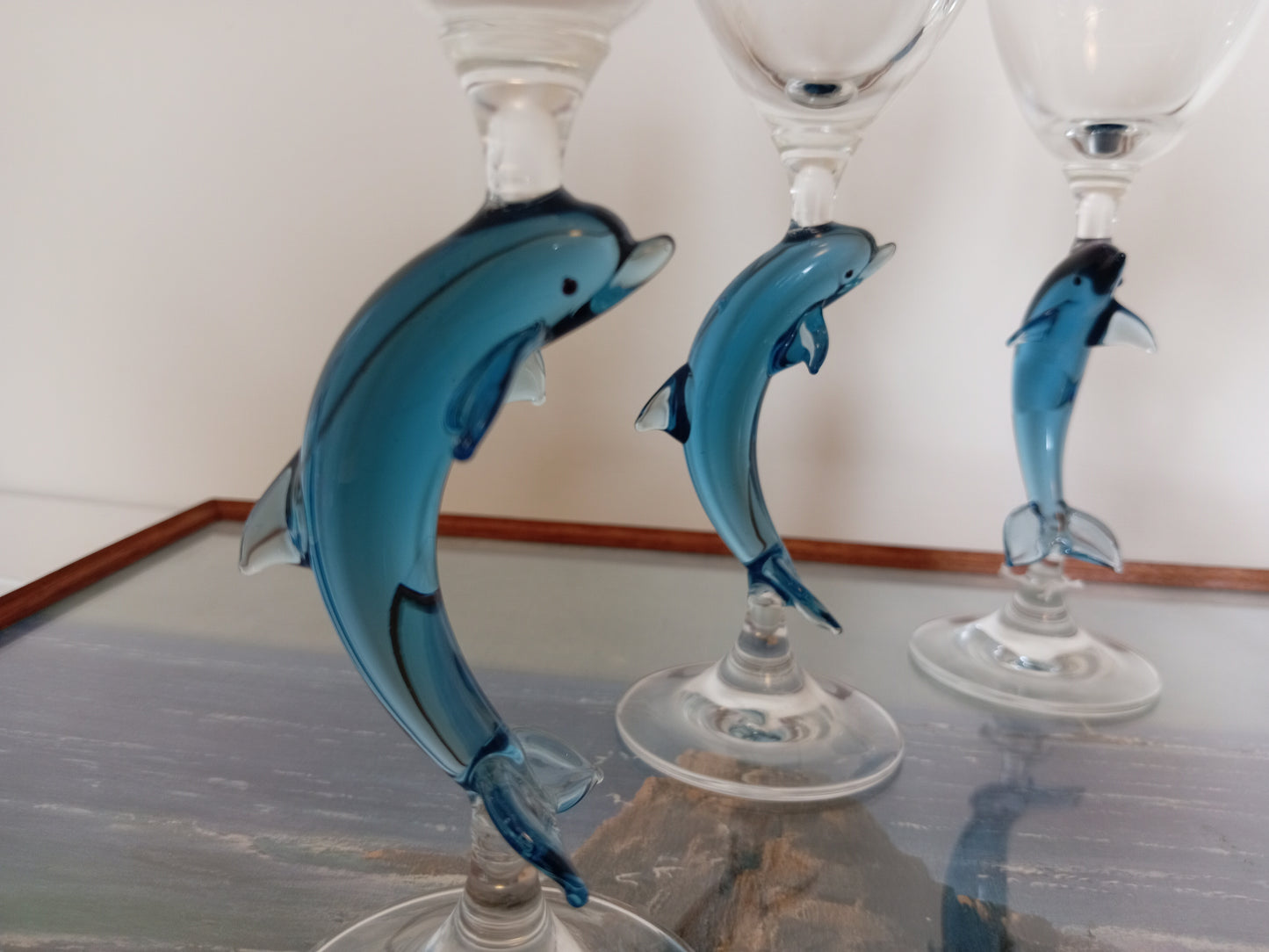 Set of 5 vintage wine glasses with dolphin stems